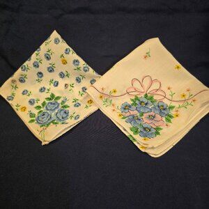 Handkerchief Set of 2 Printed Blue Flowers Bows Cotton Polyester 1970s Vintage